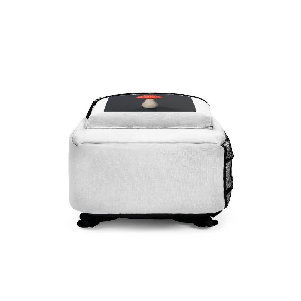 Mushroom Backpack made in USA, featuring durable spun polyester, adjustable straps, and a waterproof design.