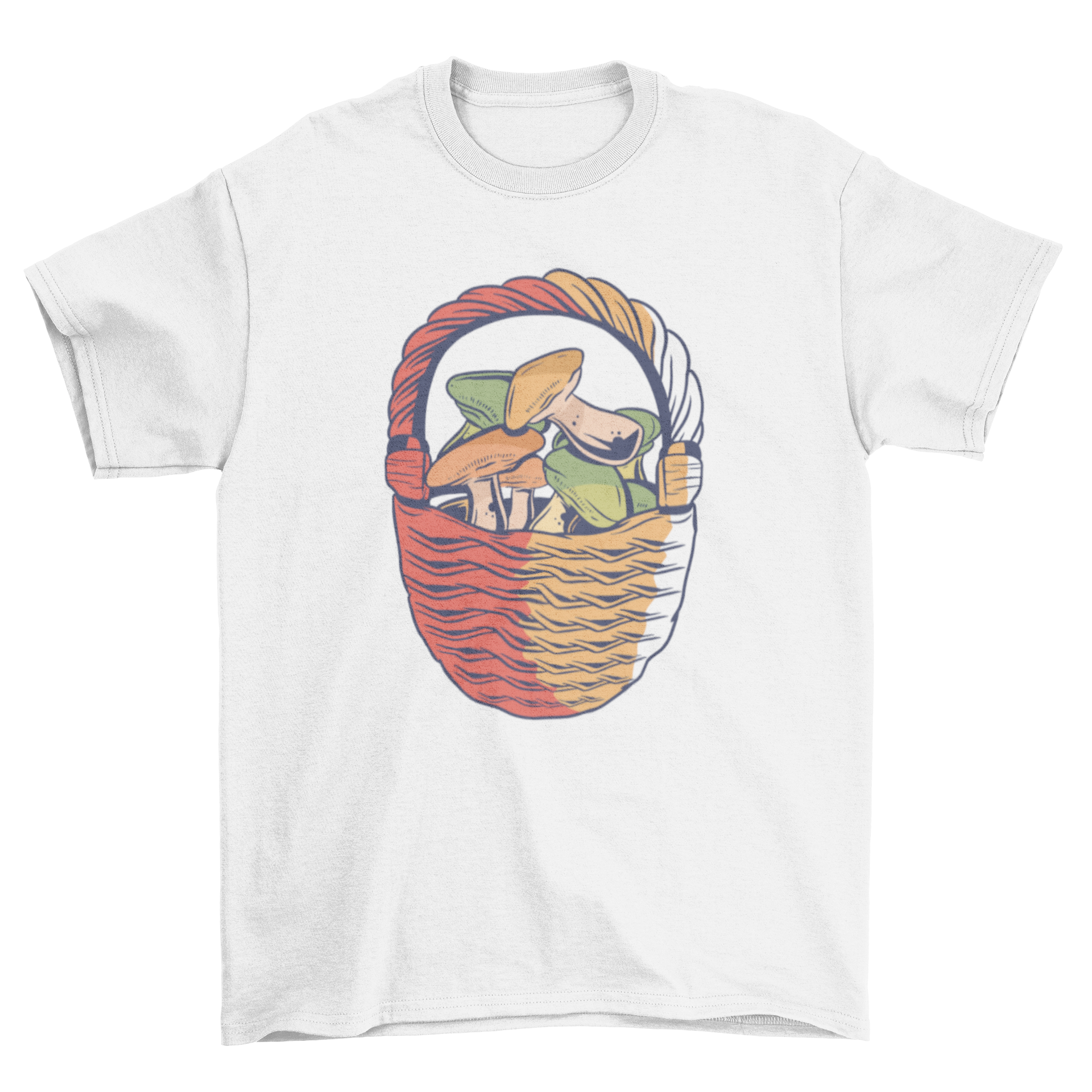 Mushroom Basket T-Shirt featuring a colorful illustration of a basket filled with various mushrooms on a soft fabric.