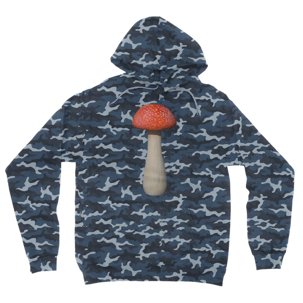 Mushroom Camouflage Adult Hoodie featuring all-over camo design, double fabric hood, and kangaroo pouch pocket.