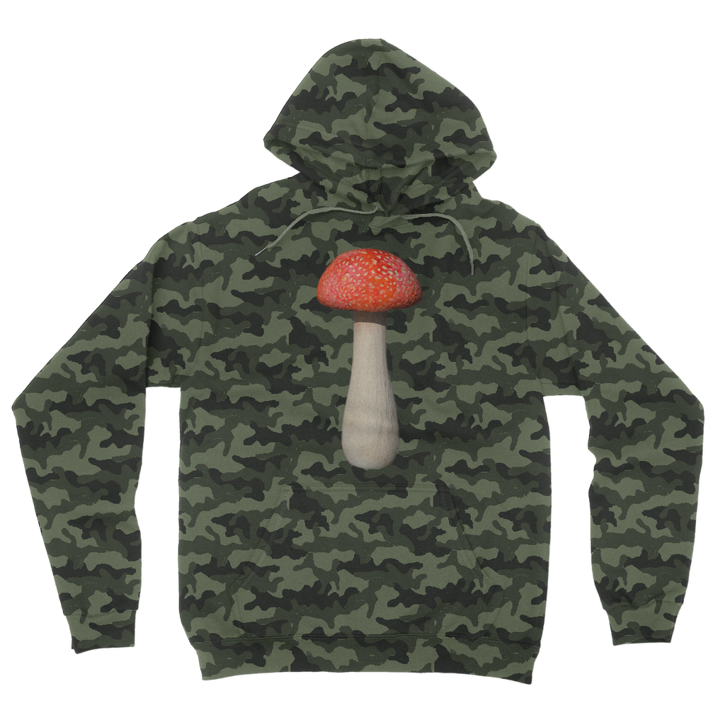Mushroom Camouflage Adult Hoodie featuring all-over camo design, double fabric hood, and kangaroo pouch pocket.