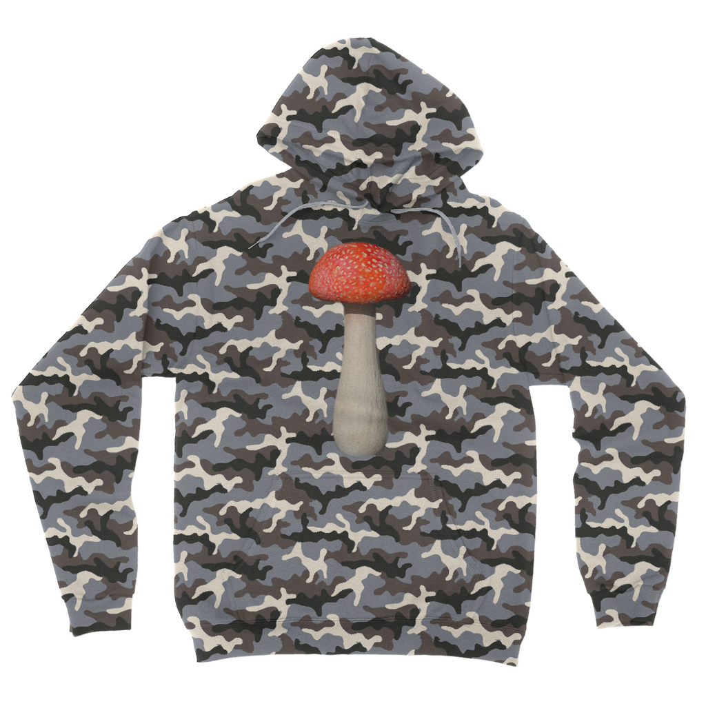 Mushroom Camouflage Adult Hoodie featuring all-over camo design, double fabric hood, and kangaroo pouch pocket.