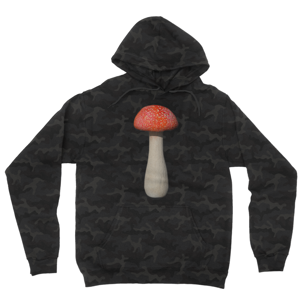 Mushroom Camouflage Adult Hoodie featuring all-over camo design, double fabric hood, and kangaroo pouch pocket.