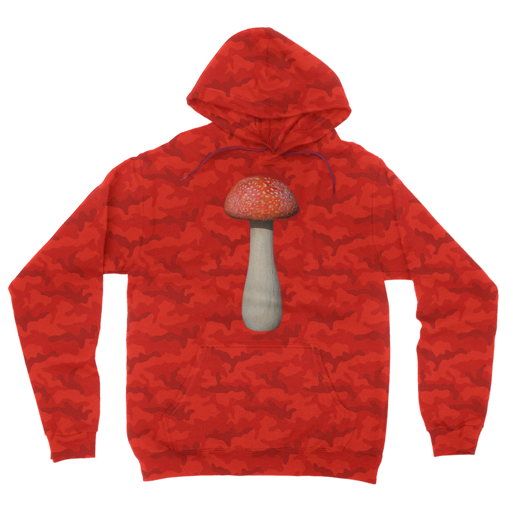 Mushroom Camouflage Adult Hoodie featuring all-over camo design, double fabric hood, and kangaroo pouch pocket.