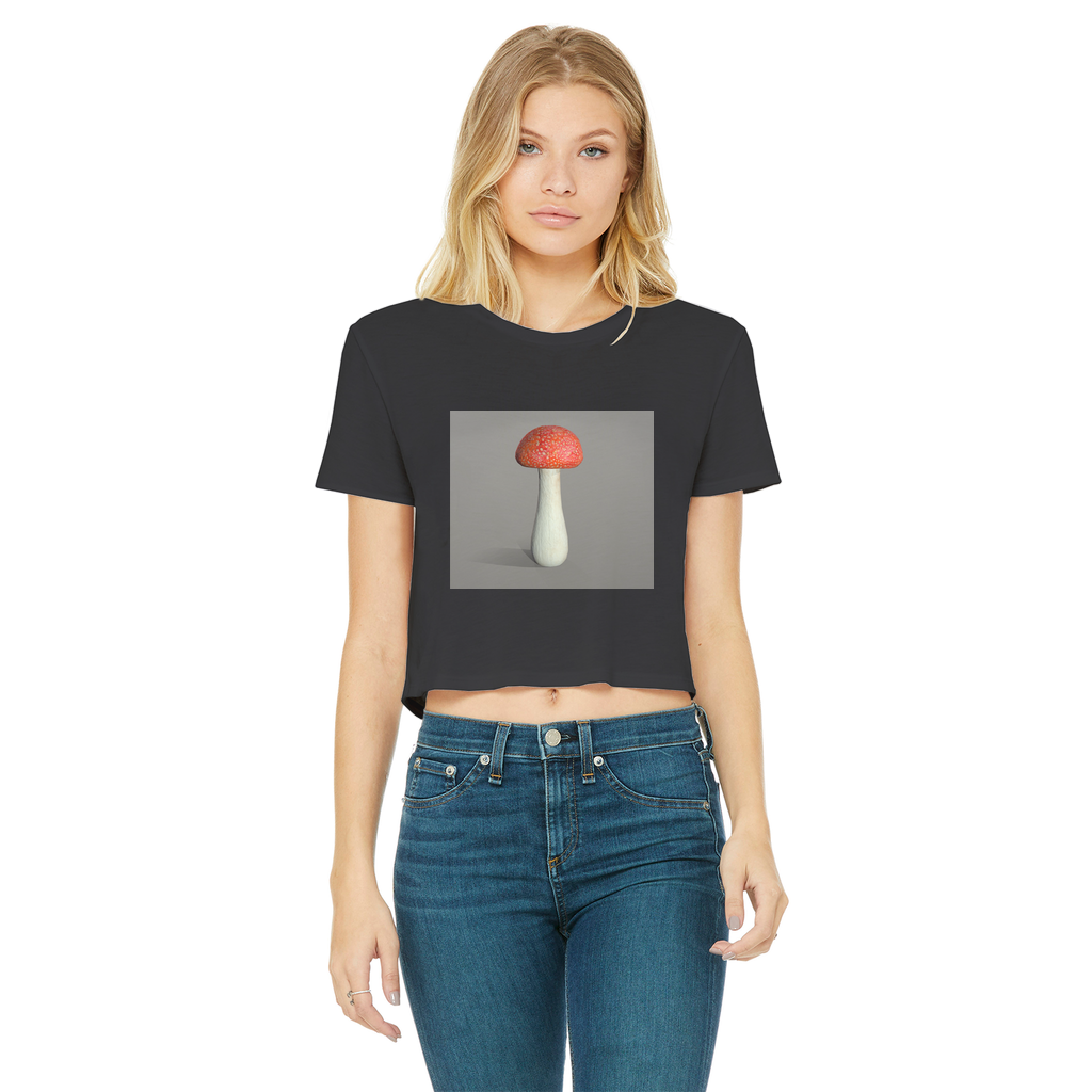 Mushroom Classic Women's Cropped Raw Edge T-Shirt featuring a round neck, short sleeves, and a stylish raw edge hem in various colors.