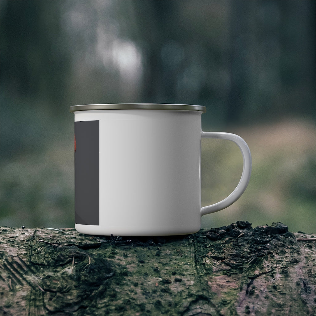 Mushroom Enamel Camping Mug with colorful design, showcasing its durable stainless steel and C-handle, perfect for outdoor adventures.