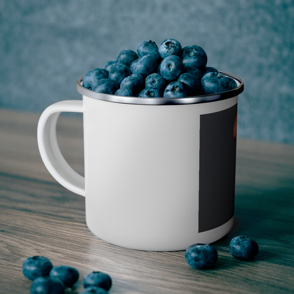 Mushroom Enamel Camping Mug with colorful design, showcasing its durable stainless steel and C-handle, perfect for outdoor adventures.