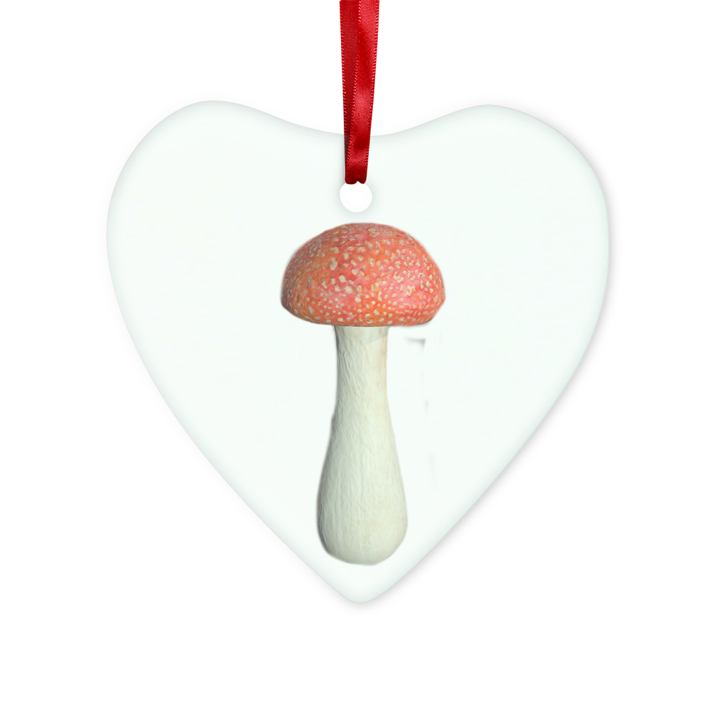 Mushroom Glass Hanging Ornament in round and heart shapes, beautifully designed with a red ribbon and gold string for hanging.