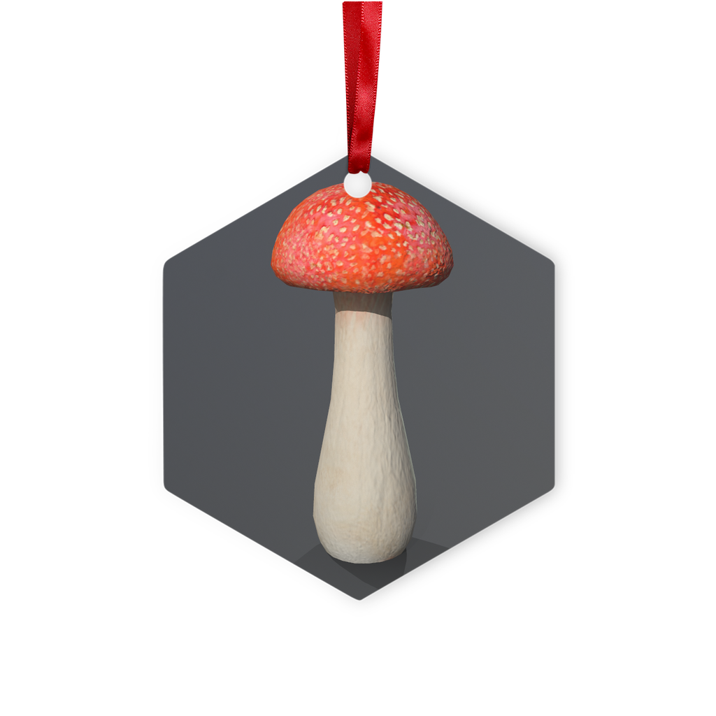 Mushroom Metal Hanging Ornament in hexagon and star shapes, featuring a glossy white finish and red ribbon for hanging.