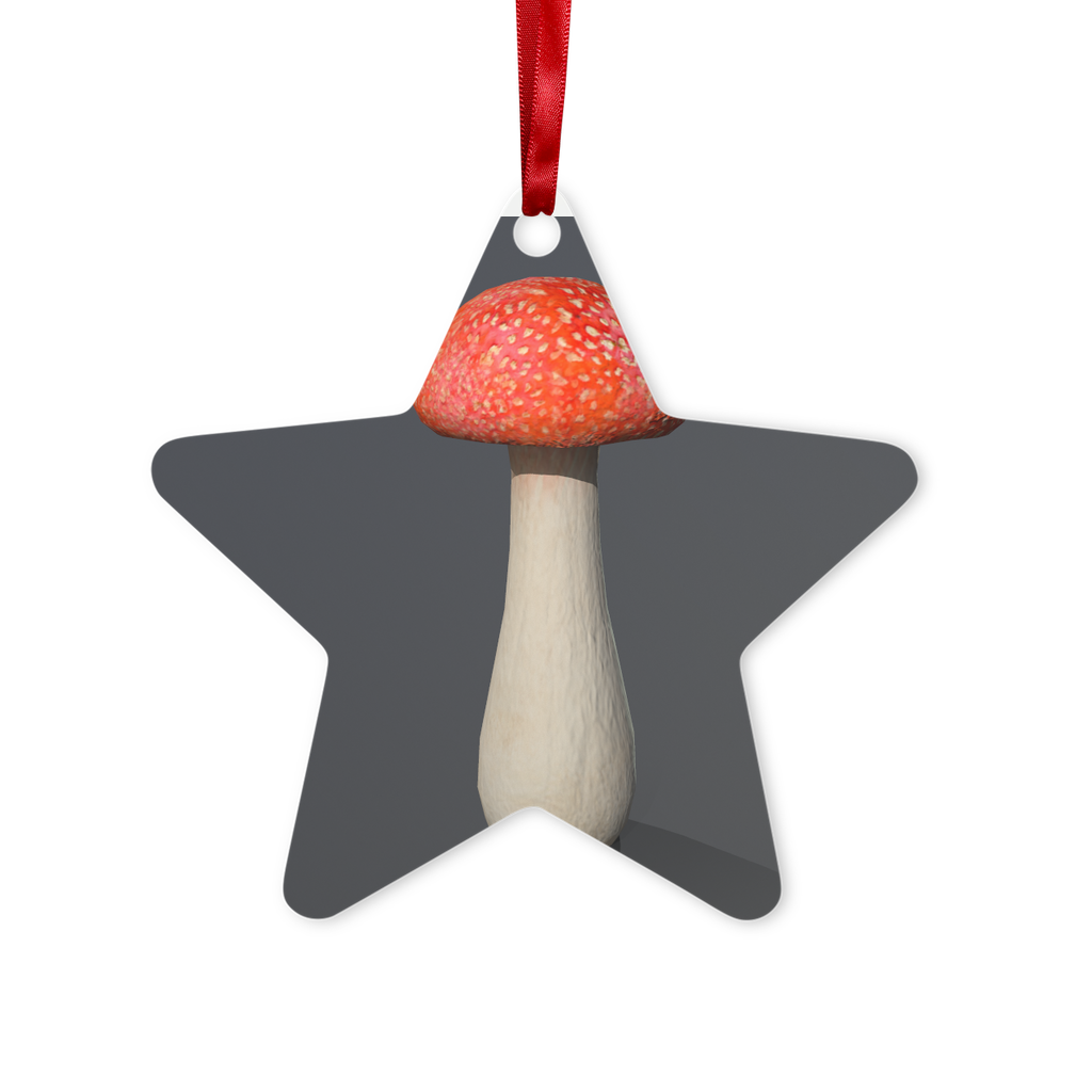 Mushroom Metal Hanging Ornament in hexagon and star shapes, featuring a glossy white finish and red ribbon for hanging.
