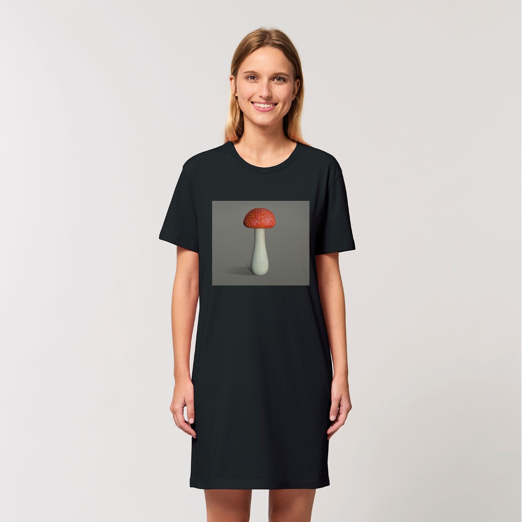 Mushroom Organic T-Shirt Dress made from 100% organic cotton, featuring a soft-hand feel and stylish design, available in various sizes.