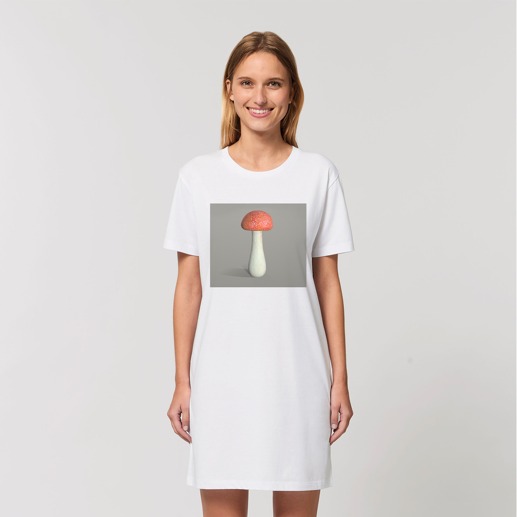 Mushroom Organic T-Shirt Dress made from 100% organic cotton, featuring a soft-hand feel and stylish design, available in various sizes.