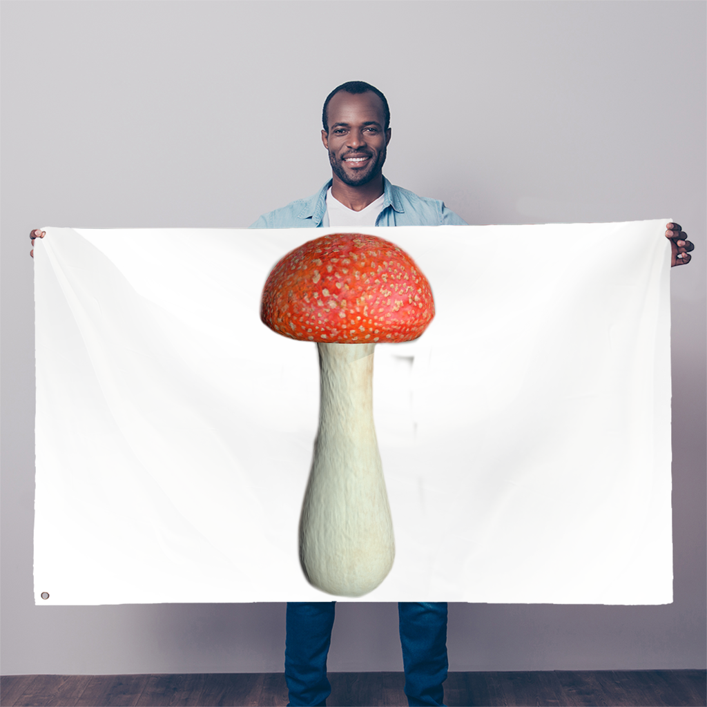 A vibrant Mushroom Sublimation Flag measuring 5FT x 3FT, made from durable polyester fabric with double-stitched edges and two eyelets for hanging.