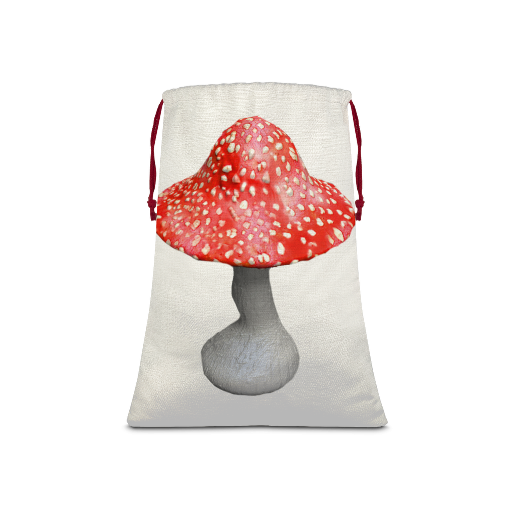 Mushroom Sublimation Linen Drawstring Sack with red drawstring, featuring vibrant mushroom print on a linen effect background.