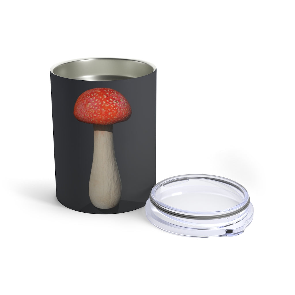 Mushroom Tumbler 10oz in stainless steel with a see-thru plastic lid, showcasing its sleek design and rounded corners.