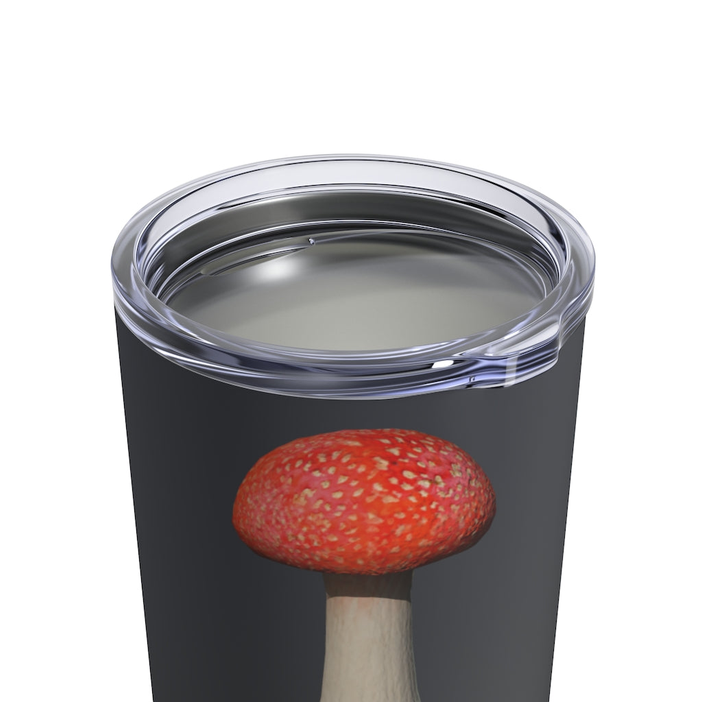 Mushroom Tumbler 10oz in stainless steel with a see-thru plastic lid, showcasing its sleek design and rounded corners.
