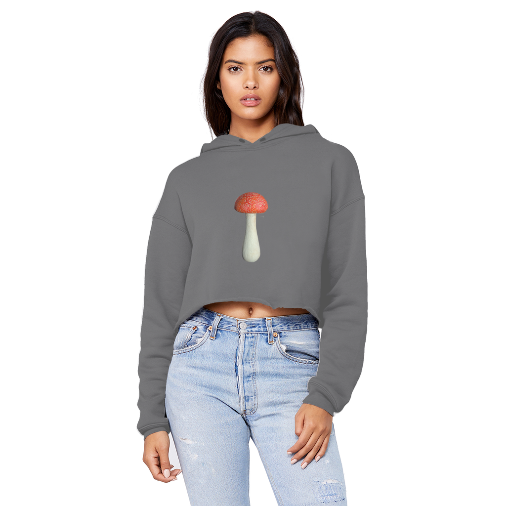 Mushroom Unisex Cropped Raw Edge Boyfriend Hoodie in various colors, showcasing its relaxed fit and stylish design.