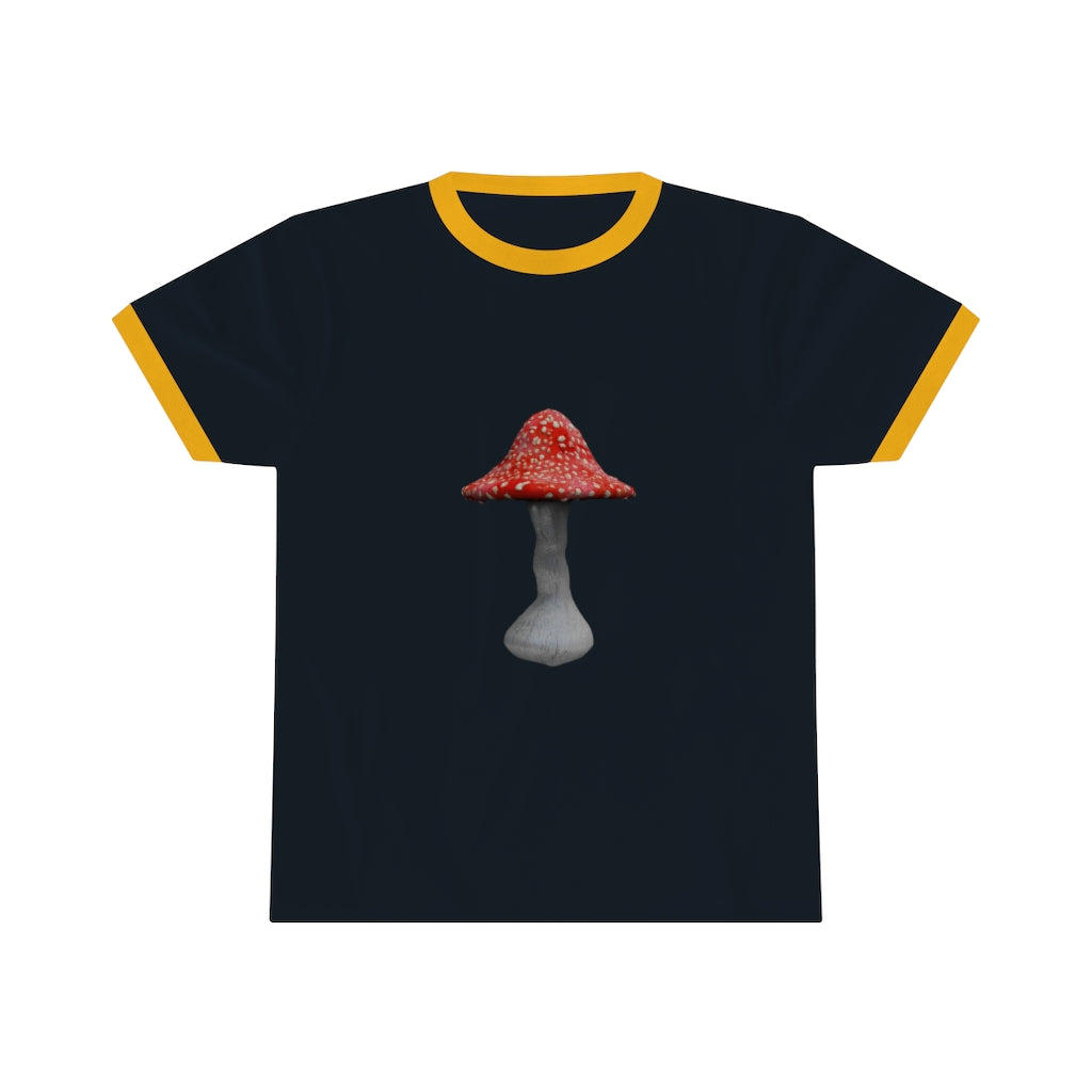 Mushroom Unisex Ringer Tee showcasing its lightweight fabric and stylish design in various colors.