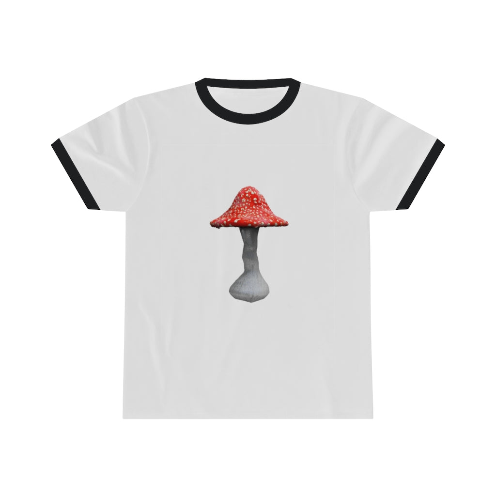 Mushroom Unisex Ringer Tee showcasing its lightweight fabric and stylish design in various colors.