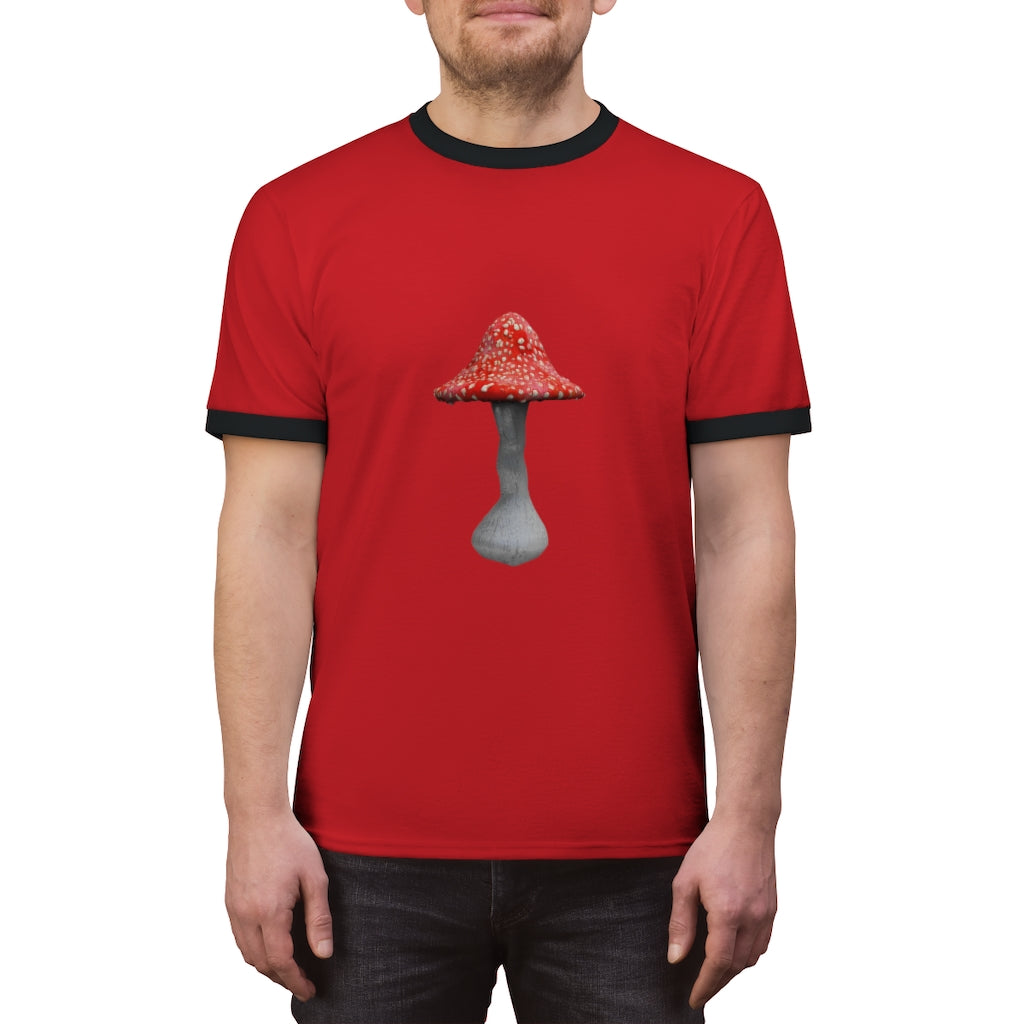 Mushroom Unisex Ringer Tee showcasing its lightweight fabric and stylish design in various colors.