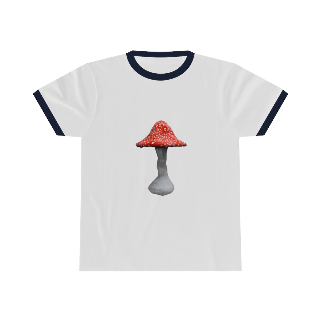 Mushroom Unisex Ringer Tee showcasing its lightweight fabric and stylish design in various colors.