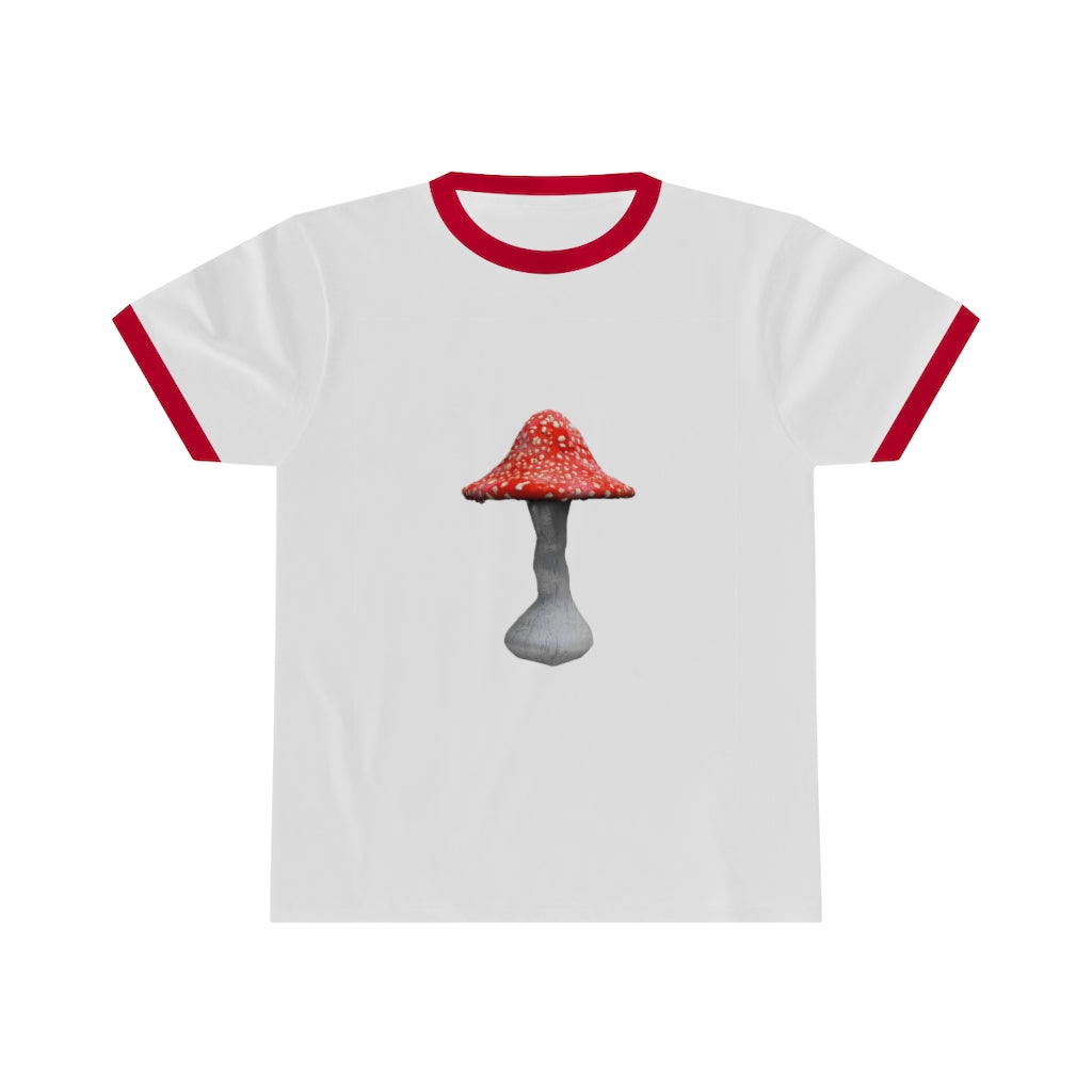 Mushroom Unisex Ringer Tee showcasing its lightweight fabric and stylish design in various colors.