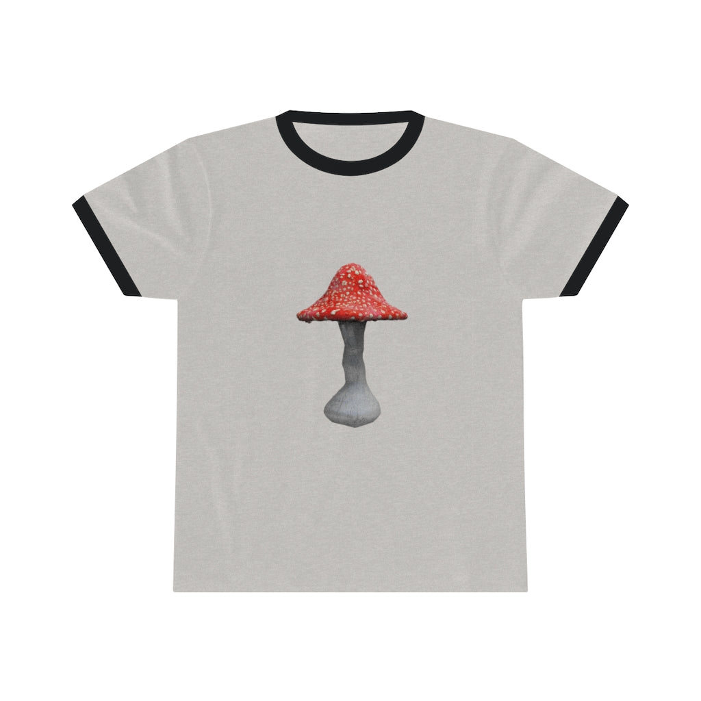 Mushroom Unisex Ringer Tee showcasing its lightweight fabric and stylish design in various colors.