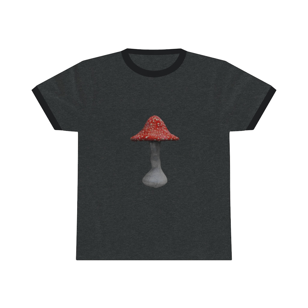 Mushroom Unisex Ringer Tee showcasing its lightweight fabric and stylish design in various colors.