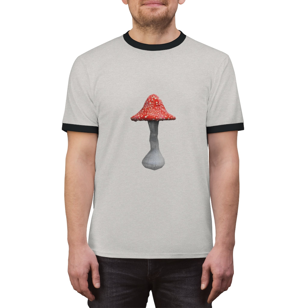 Mushroom Unisex Ringer Tee showcasing its lightweight fabric and stylish design in various colors.