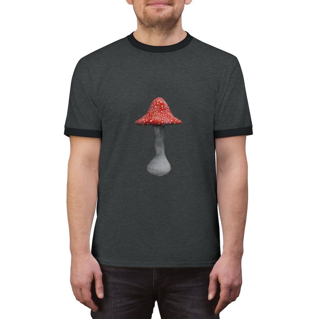Mushroom Unisex Ringer Tee showcasing its lightweight fabric and stylish design in various colors.