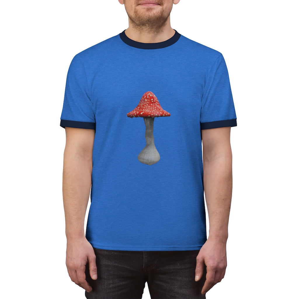 Mushroom Unisex Ringer Tee showcasing its lightweight fabric and stylish design in various colors.
