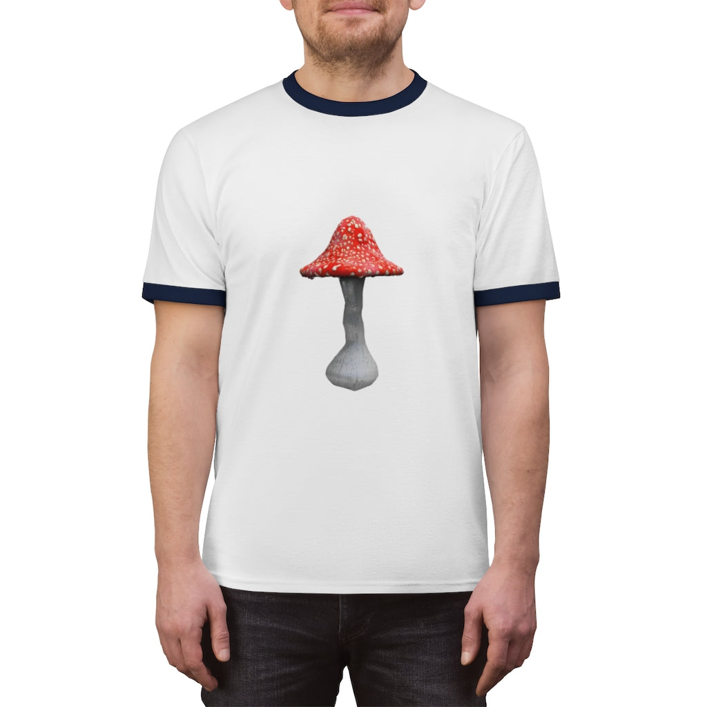 Mushroom Unisex Ringer Tee showcasing its lightweight fabric and stylish design in various colors.