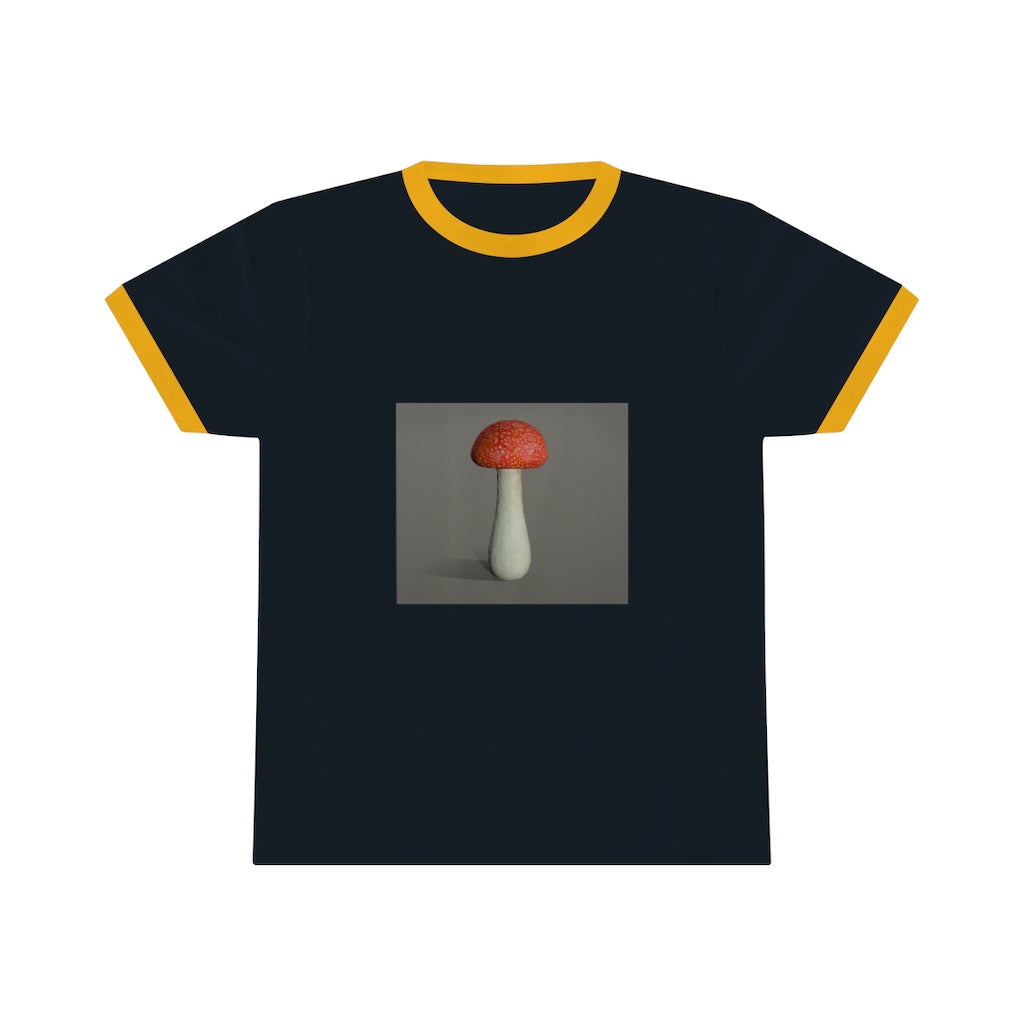 Mushroom Unisex Ringer Tee showcasing a stylish design with vibrant colors, perfect for casual and active wear.