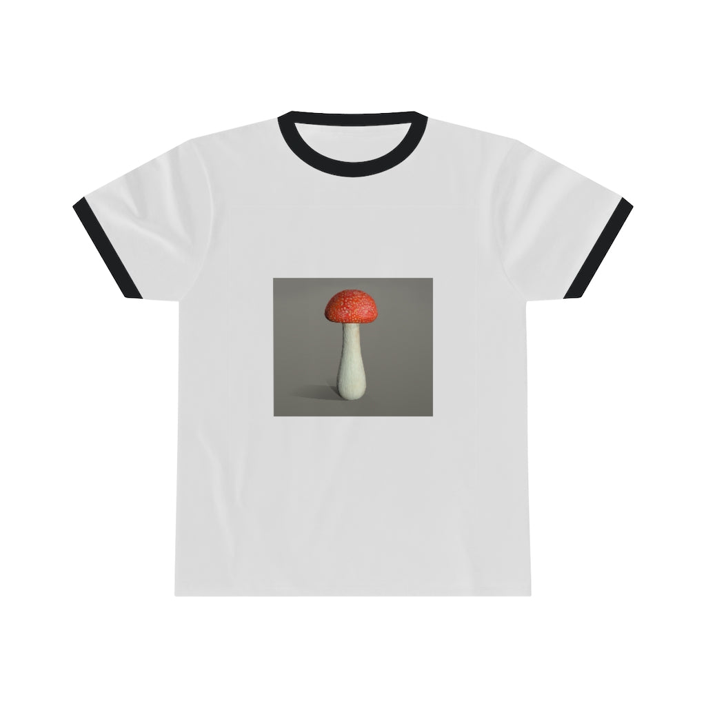 Mushroom Unisex Ringer Tee showcasing a stylish design with vibrant colors, perfect for casual and active wear.