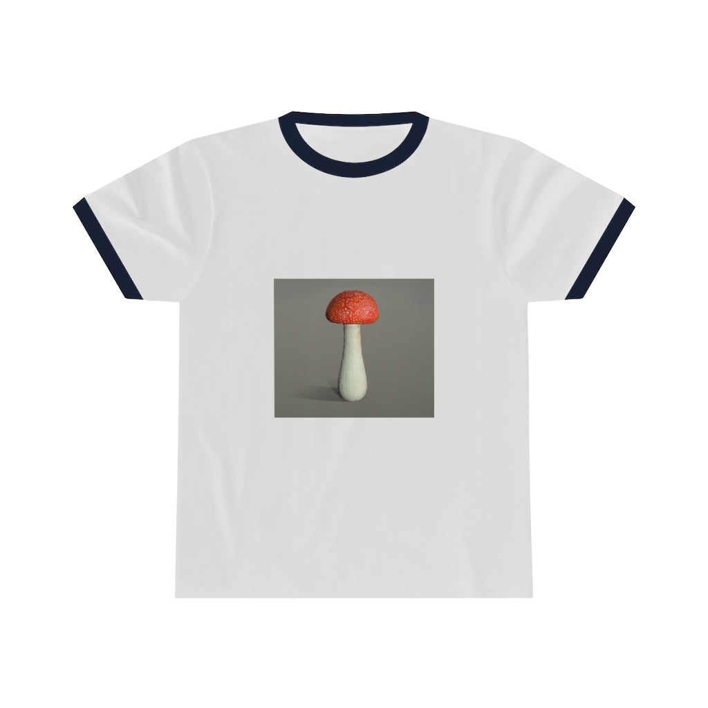 Mushroom Unisex Ringer Tee showcasing a stylish design with vibrant colors, perfect for casual and active wear.