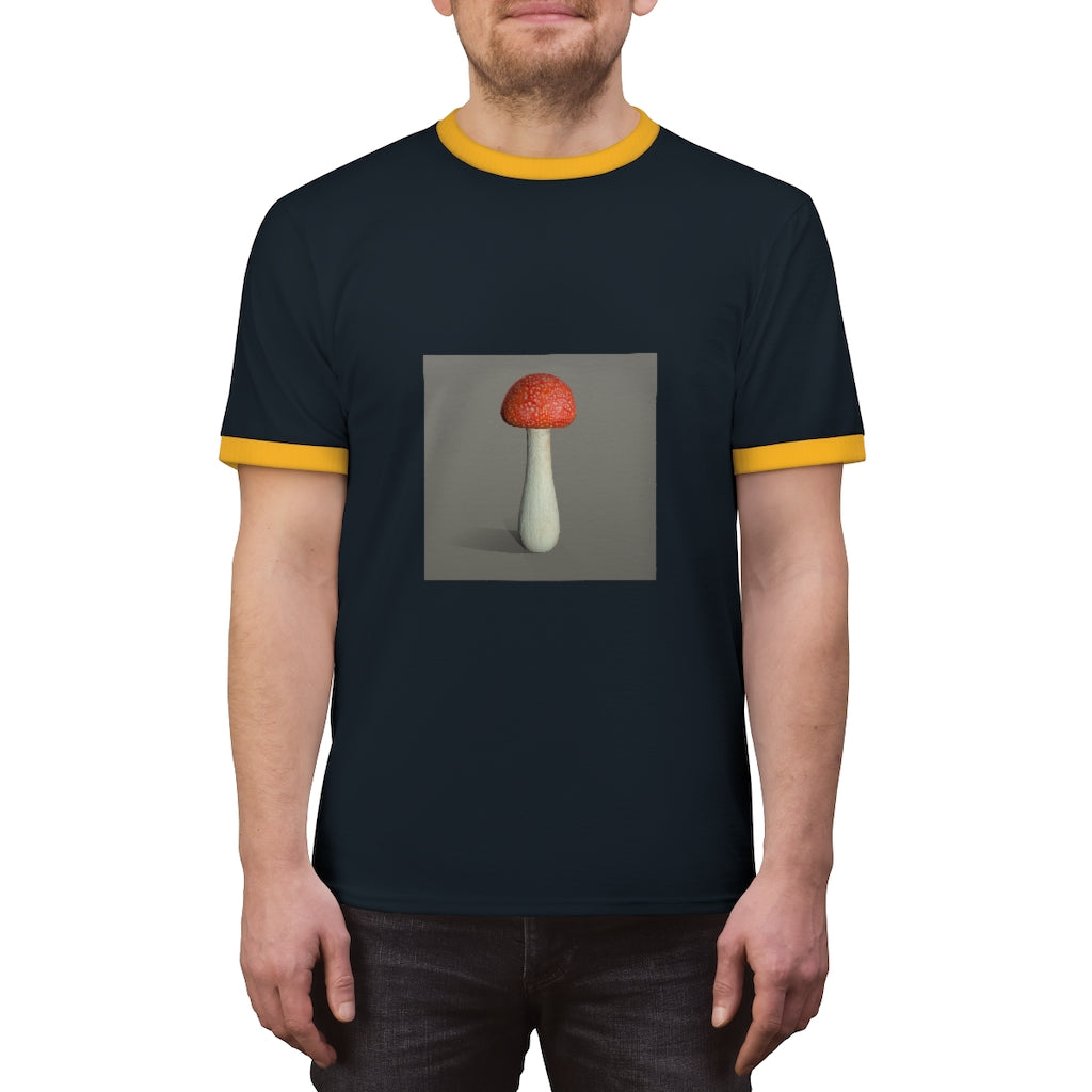 Mushroom Unisex Ringer Tee showcasing a stylish design with vibrant colors, perfect for casual and active wear.