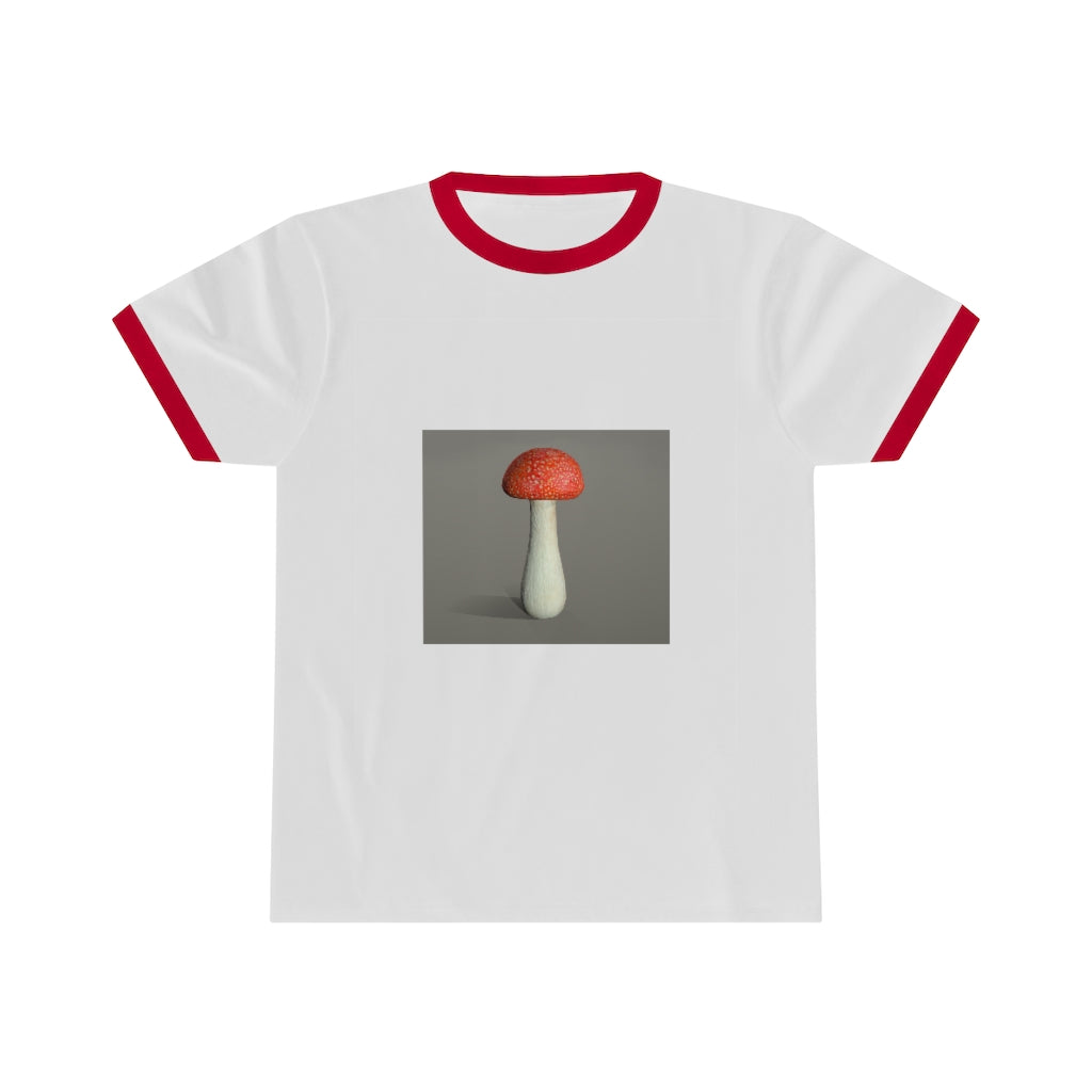 Mushroom Unisex Ringer Tee showcasing a stylish design with vibrant colors, perfect for casual and active wear.