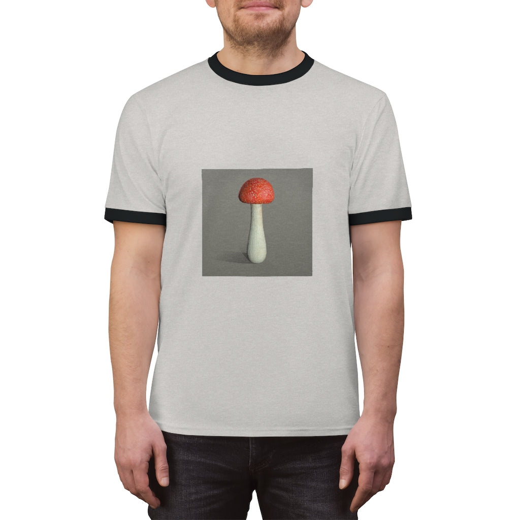 Mushroom Unisex Ringer Tee showcasing a stylish design with vibrant colors, perfect for casual and active wear.