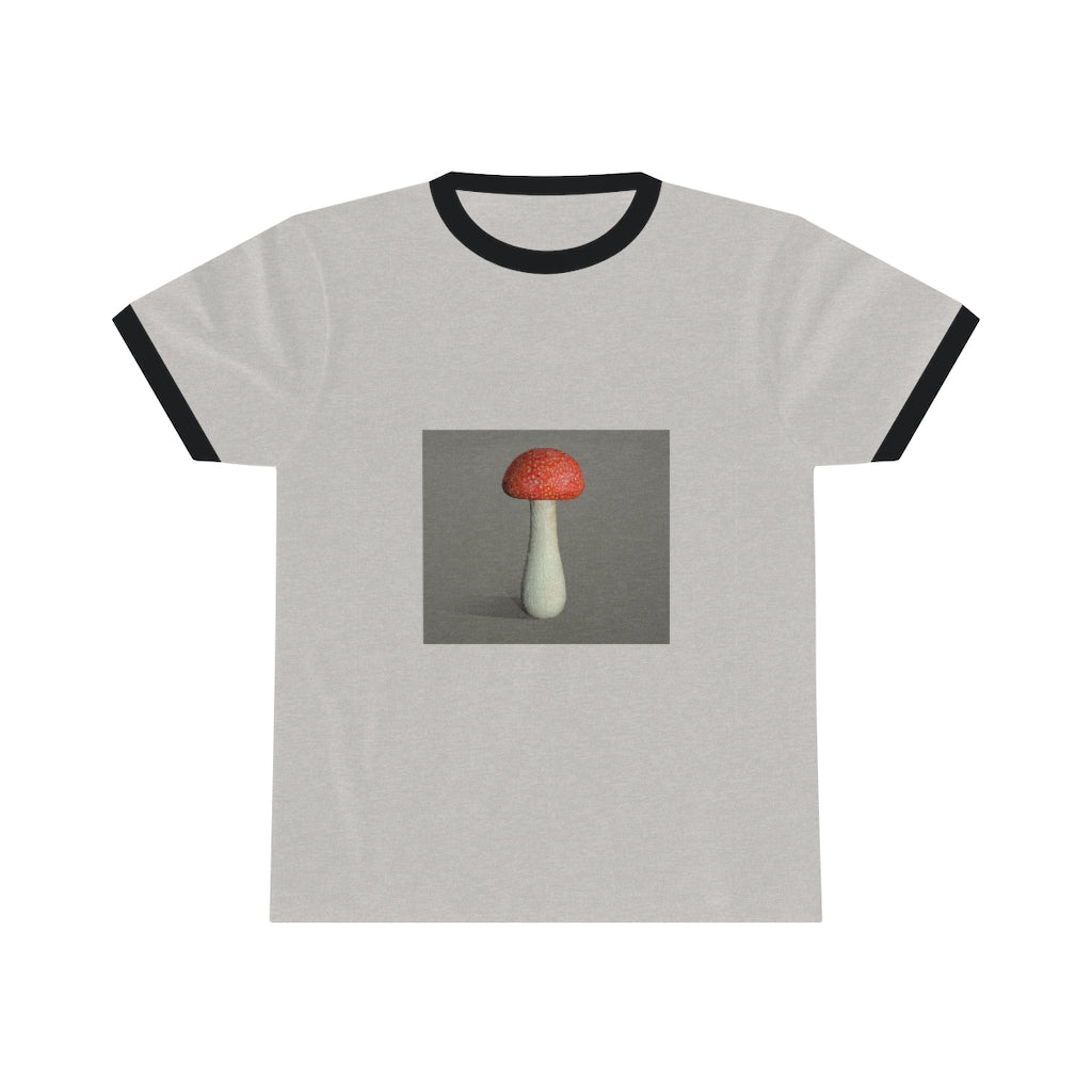 Mushroom Unisex Ringer Tee showcasing a stylish design with vibrant colors, perfect for casual and active wear.
