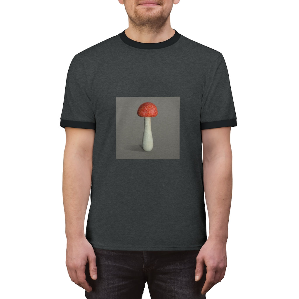 Mushroom Unisex Ringer Tee showcasing a stylish design with vibrant colors, perfect for casual and active wear.