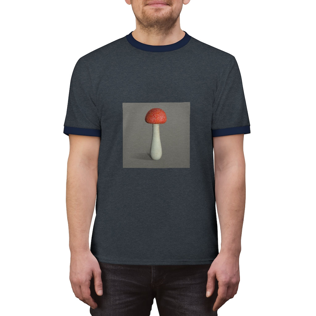 Mushroom Unisex Ringer Tee showcasing a stylish design with vibrant colors, perfect for casual and active wear.