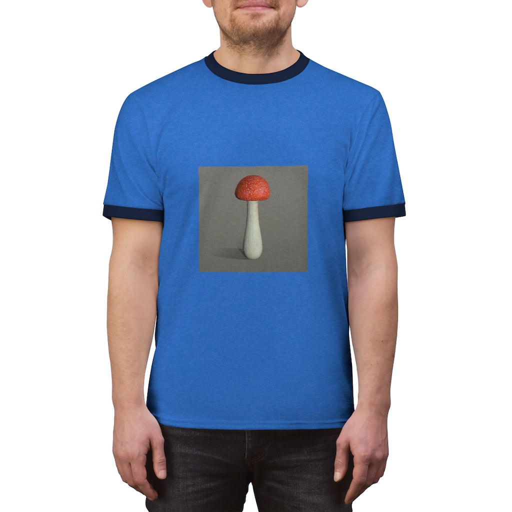 Mushroom Unisex Ringer Tee showcasing a stylish design with vibrant colors, perfect for casual and active wear.