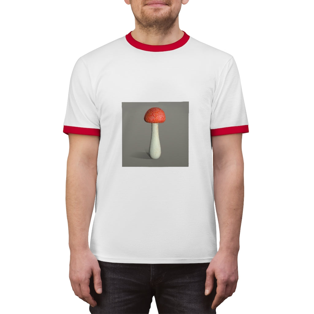 Mushroom Unisex Ringer Tee showcasing a stylish design with vibrant colors, perfect for casual and active wear.