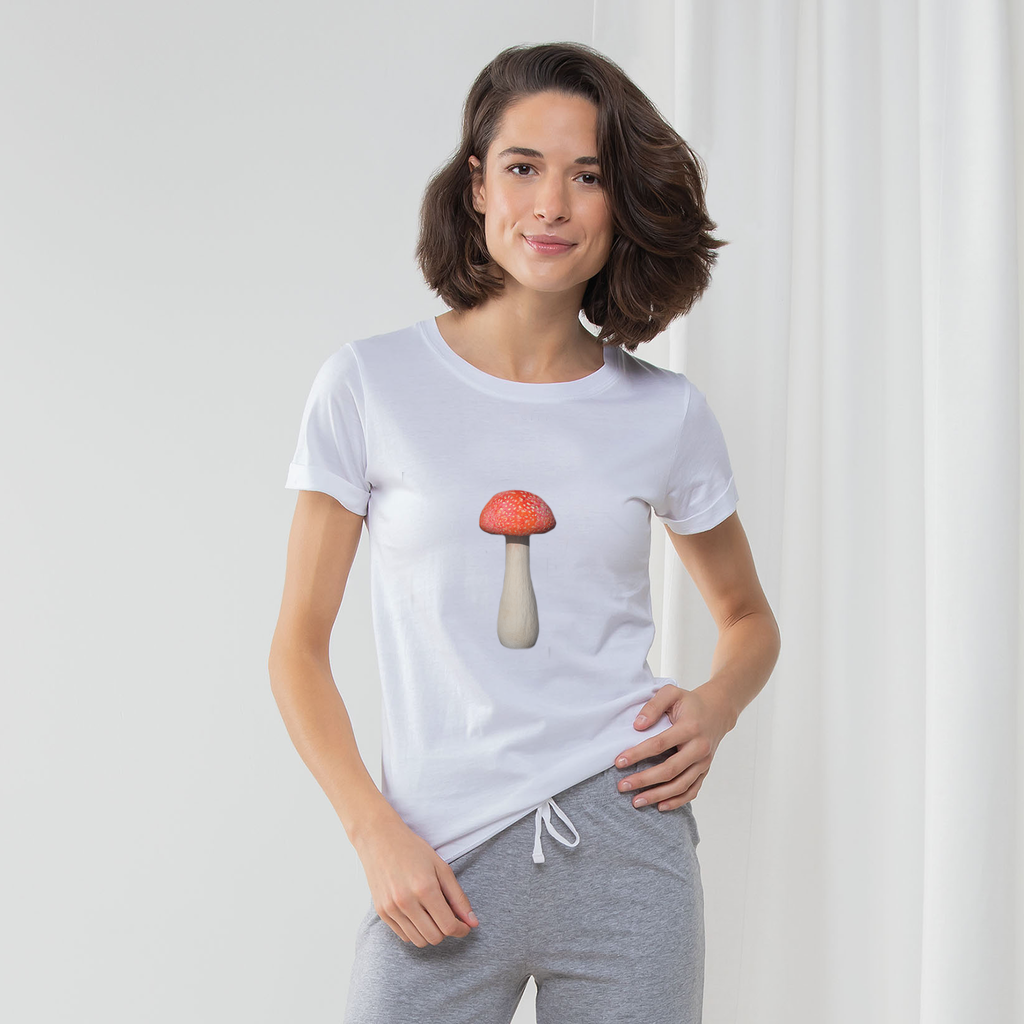 Mushroom Women's Long Pant Pyjama Set featuring a white t-shirt, heather grey striped pants, and a matching drawcord bag.