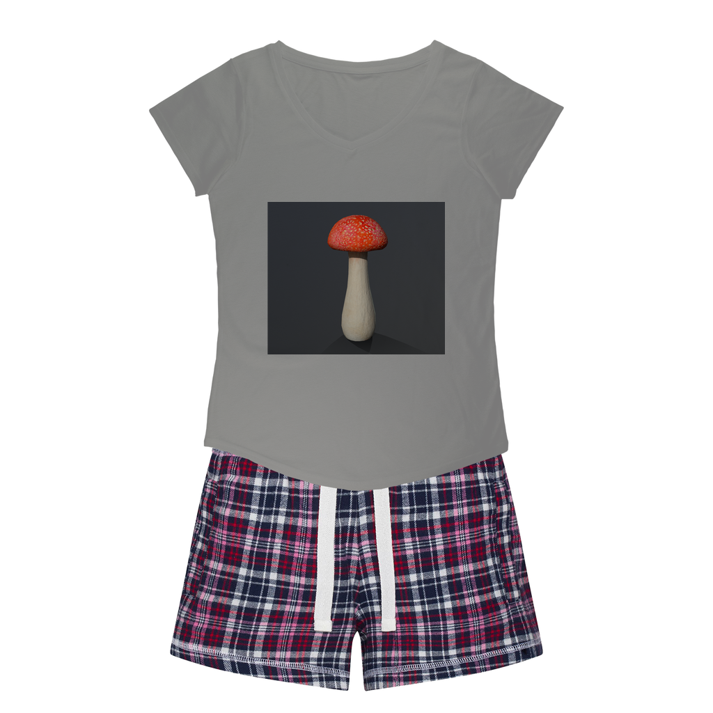 Mushroom Women's Sleepy Tee and Flannel Short set featuring a relaxed fit T-shirt and colorful flannel shorts, perfect for cozy nights.