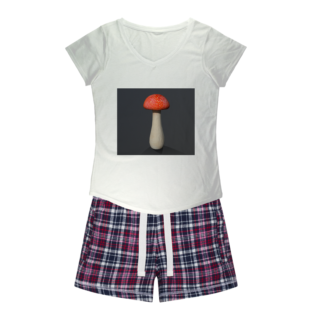 Mushroom Women's Sleepy Tee and Flannel Short set featuring a relaxed fit T-shirt and colorful flannel shorts, perfect for cozy nights.