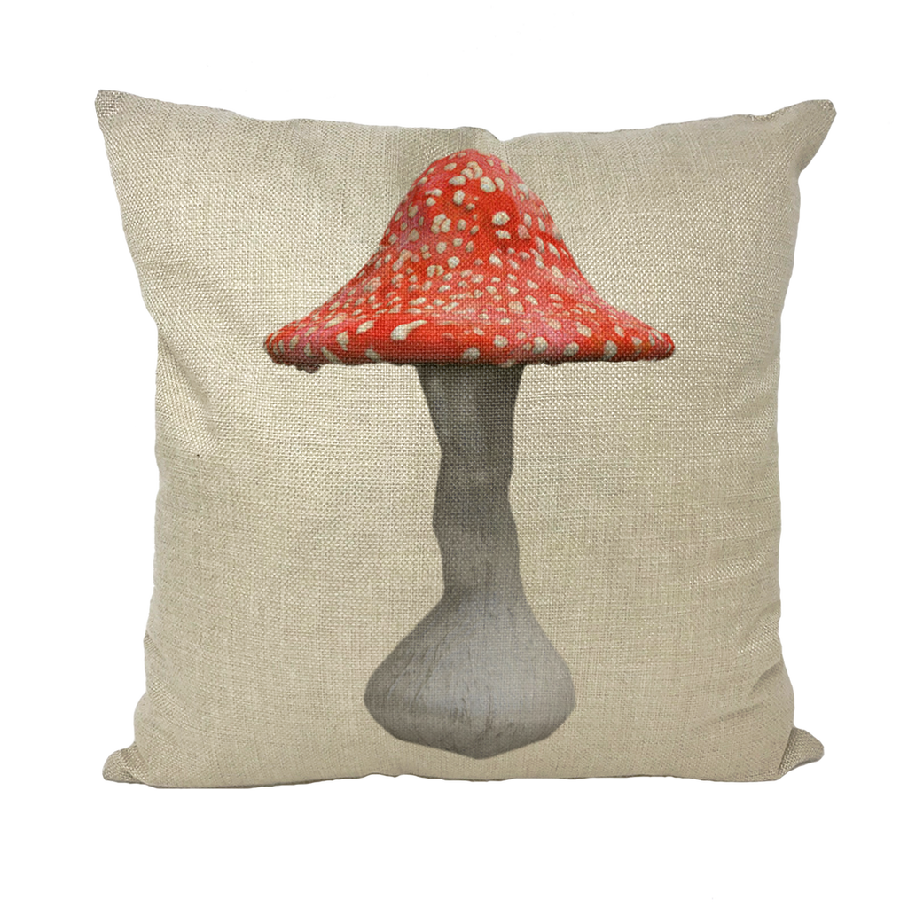 Mushroom2 Throw Pillows in various styles including linen, canvas, and suede, showcasing their unique textures and colors.