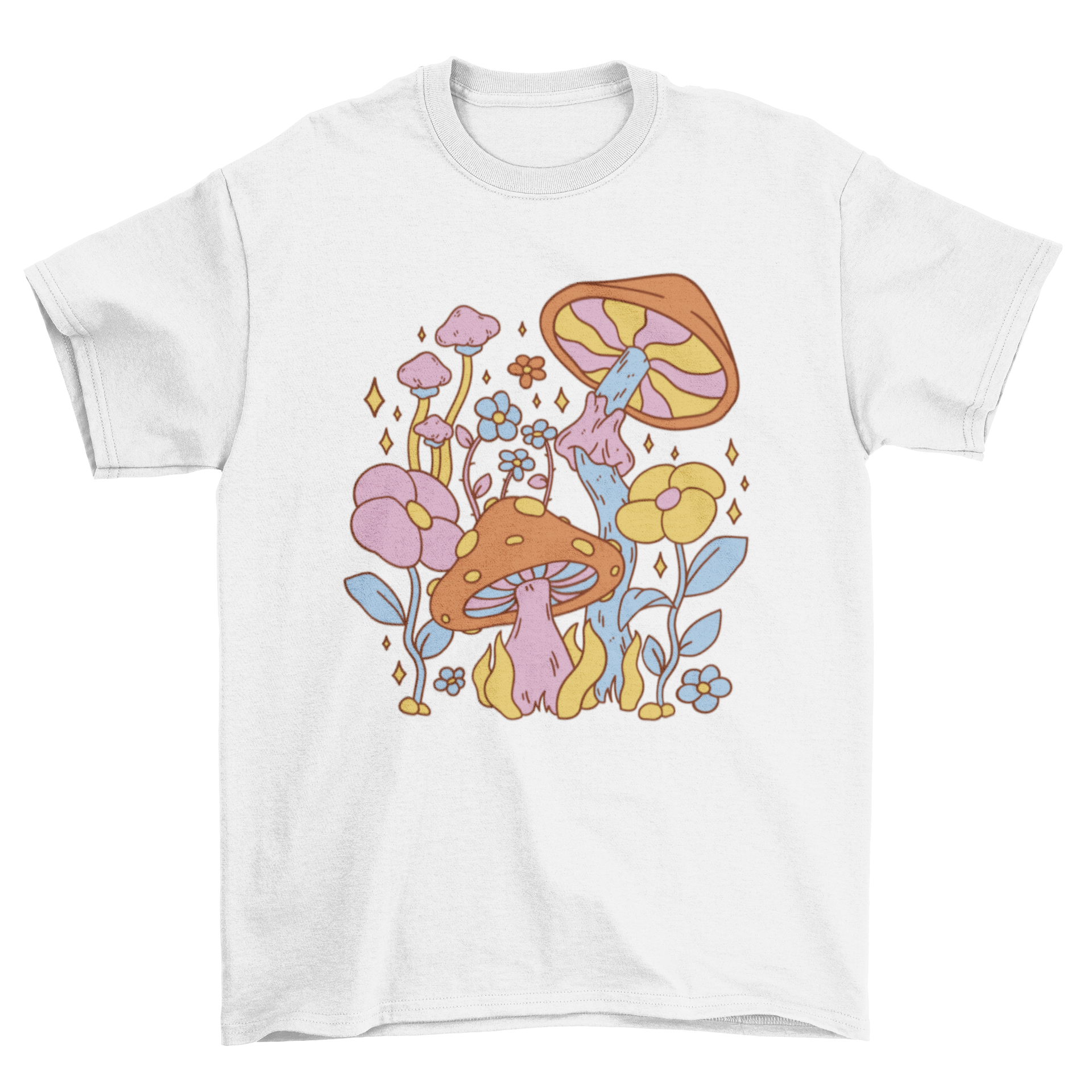 A colorful hippie t-shirt featuring vibrant mushrooms and flowers, showcasing a unique and artistic design.