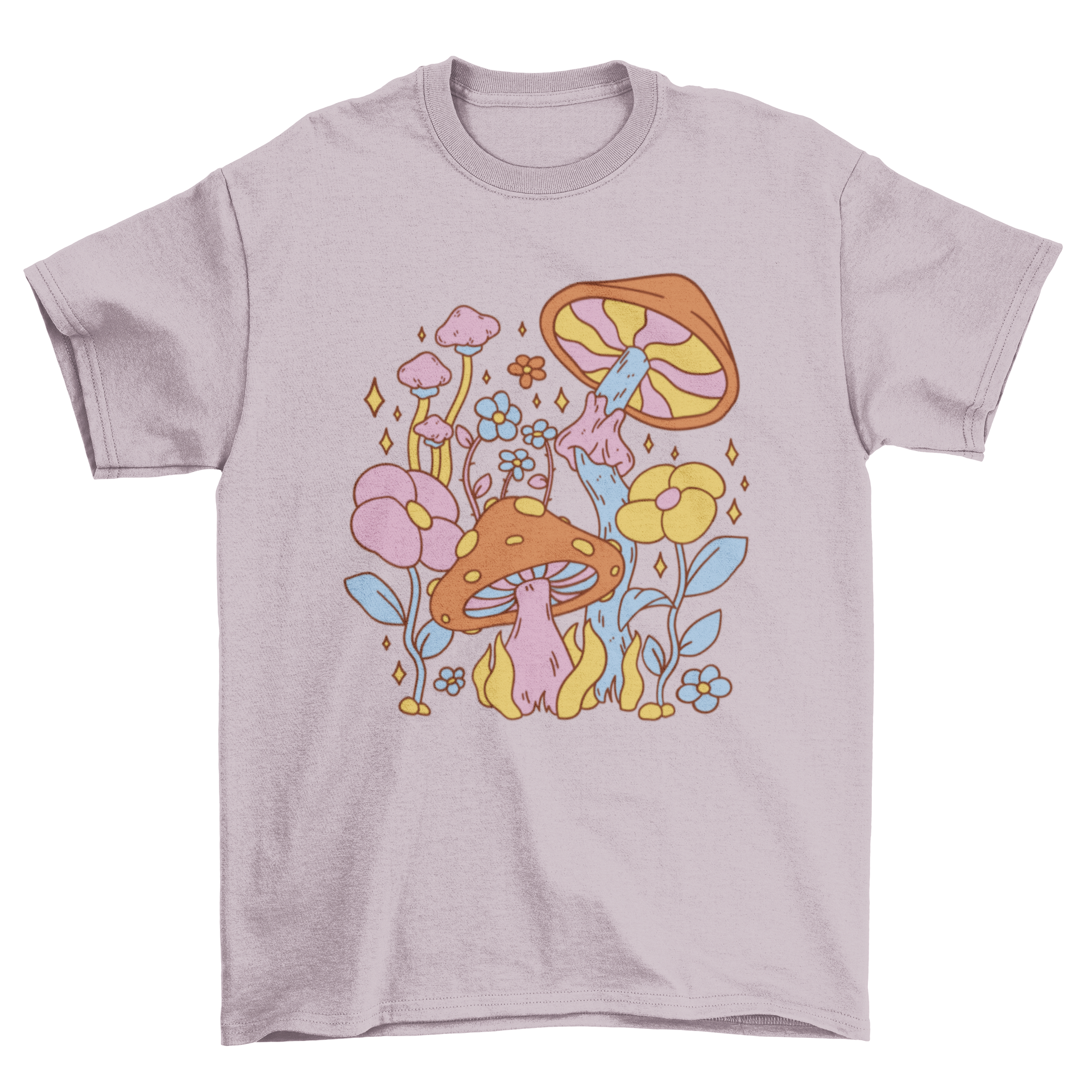 A colorful hippie t-shirt featuring vibrant mushrooms and flowers, showcasing a unique and artistic design.