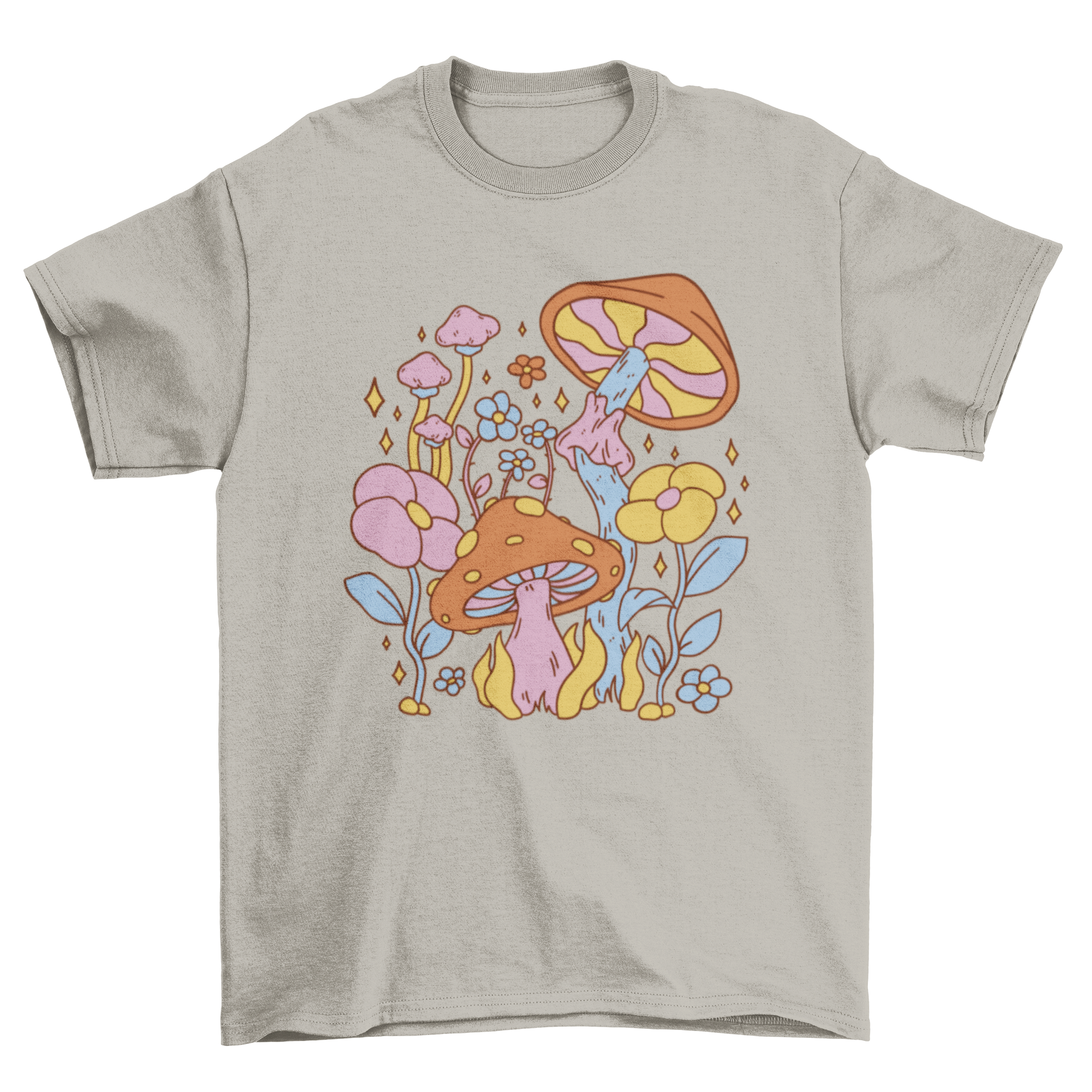 A colorful hippie t-shirt featuring vibrant mushrooms and flowers, showcasing a unique and artistic design.