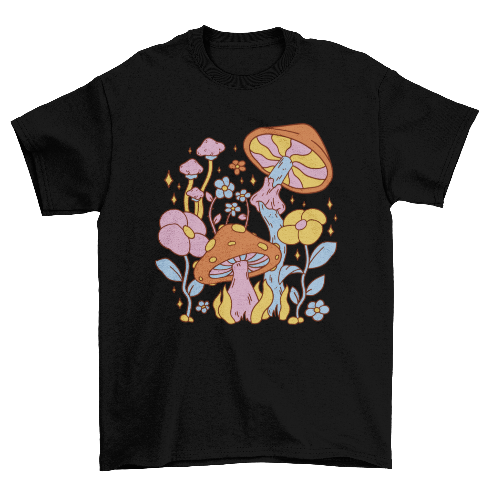A colorful hippie t-shirt featuring vibrant mushrooms and flowers, showcasing a unique and artistic design.